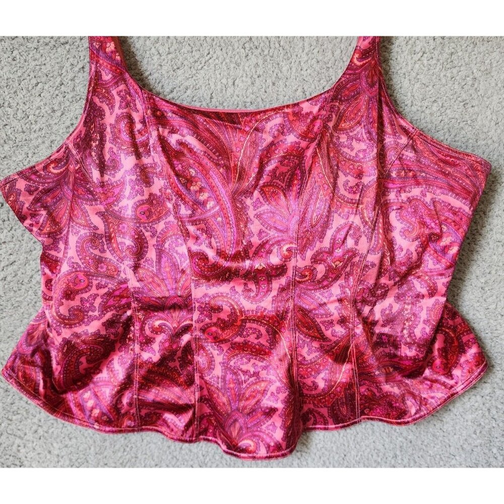 Cacique Lane Bryant Women Sleeveless Cropped Corset Top Satin Pink Paisley 26/28 - Picture 4 of 13